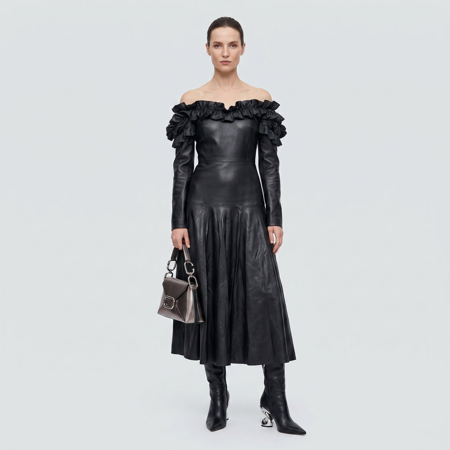 Ruffled Off-Shoulder Leather Dress