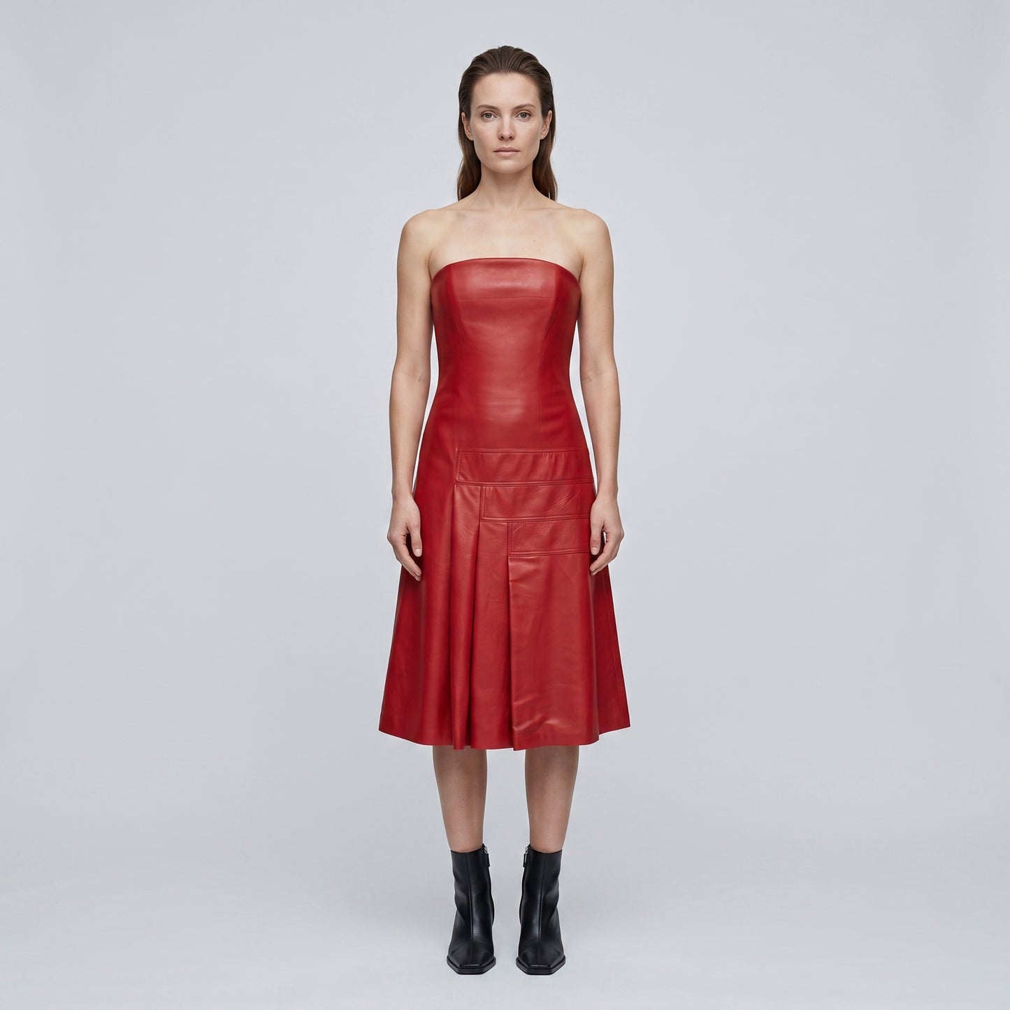 Strapless Paneled Leather Midi Dress
