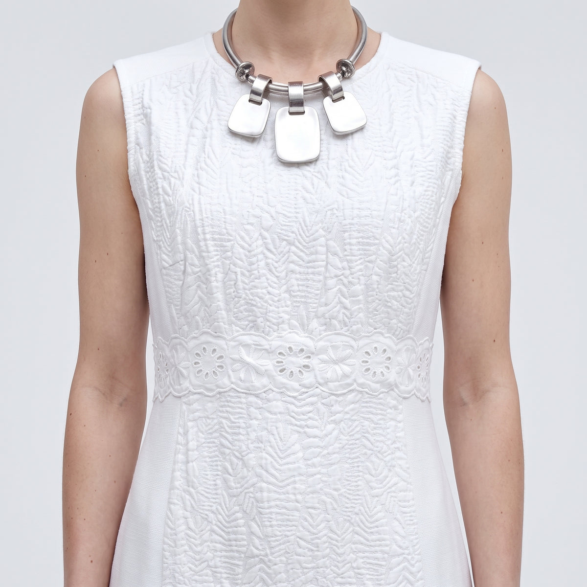 Textured Embroidered White Sheath Dress