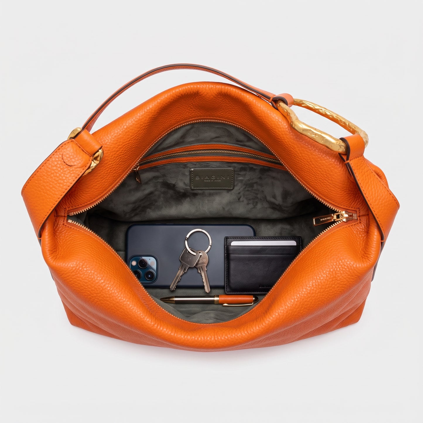 Orange Textured Leather Shoulder Bag