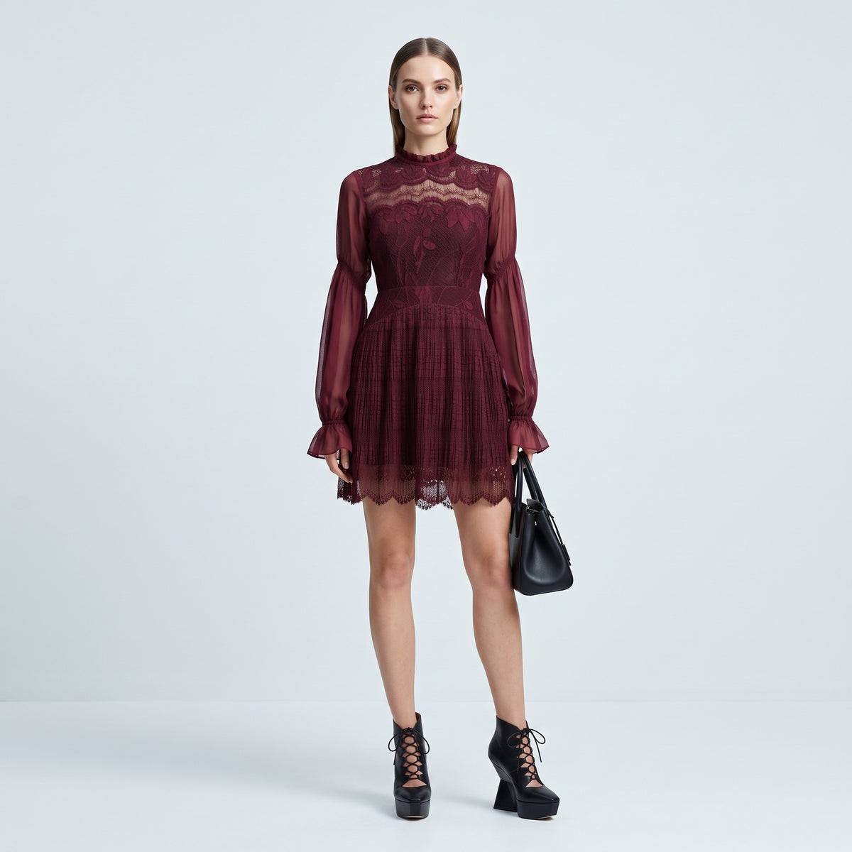 Burgundy Embroidered Lace Mini Dress