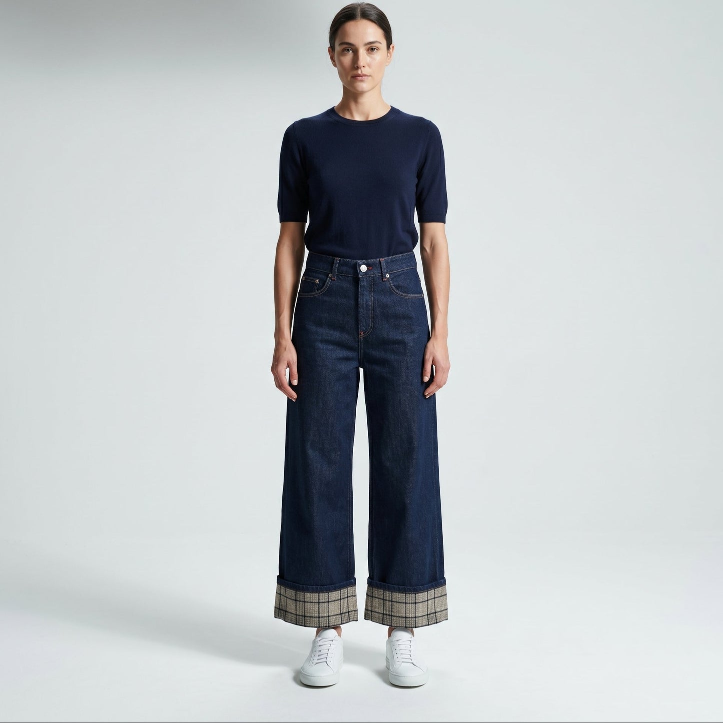 Plaid Cuff Wide Leg Jeans