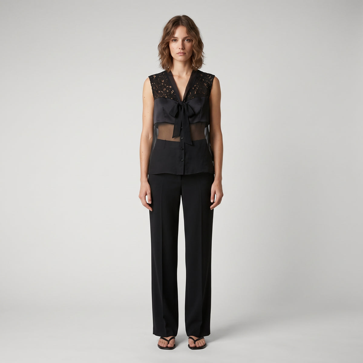 Lace Panel Tie Front Blouse