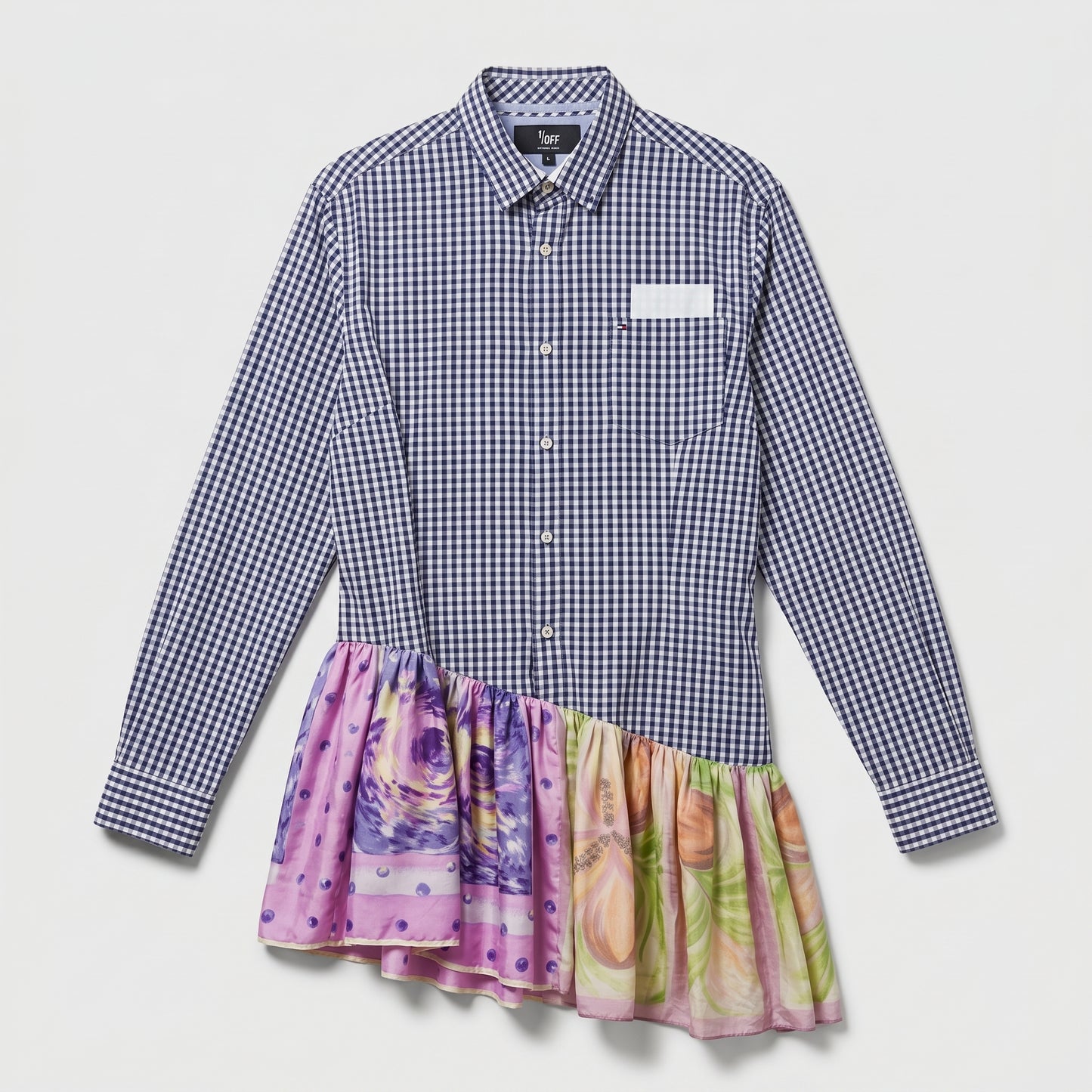 Gingham Floral Asymmetric Hem Shirt