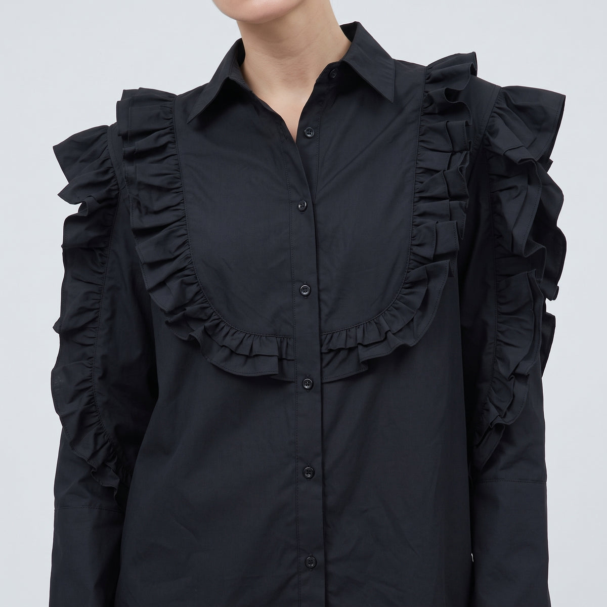 Black Ruffled Statement Cotton Shirt