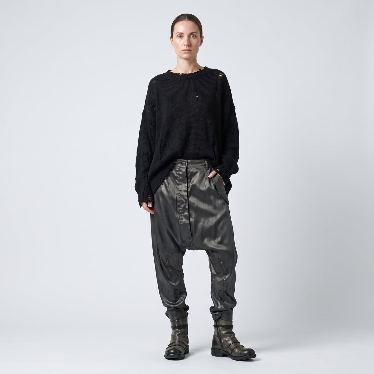 Structured Coated Dropped-Crotch Trousers