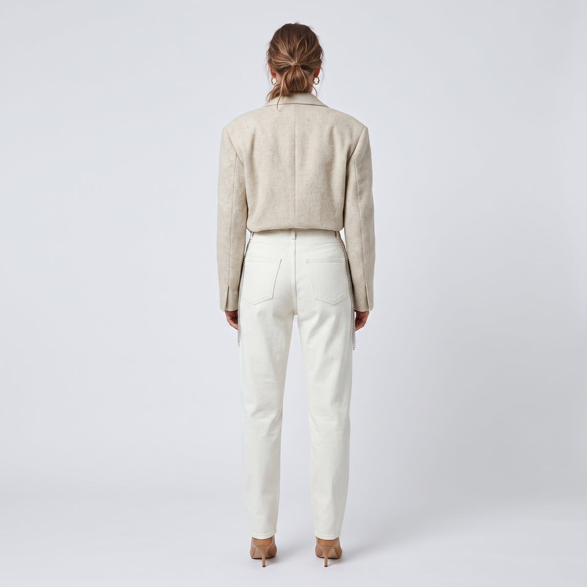 Crystal Embellished Ivory Denim Trousers