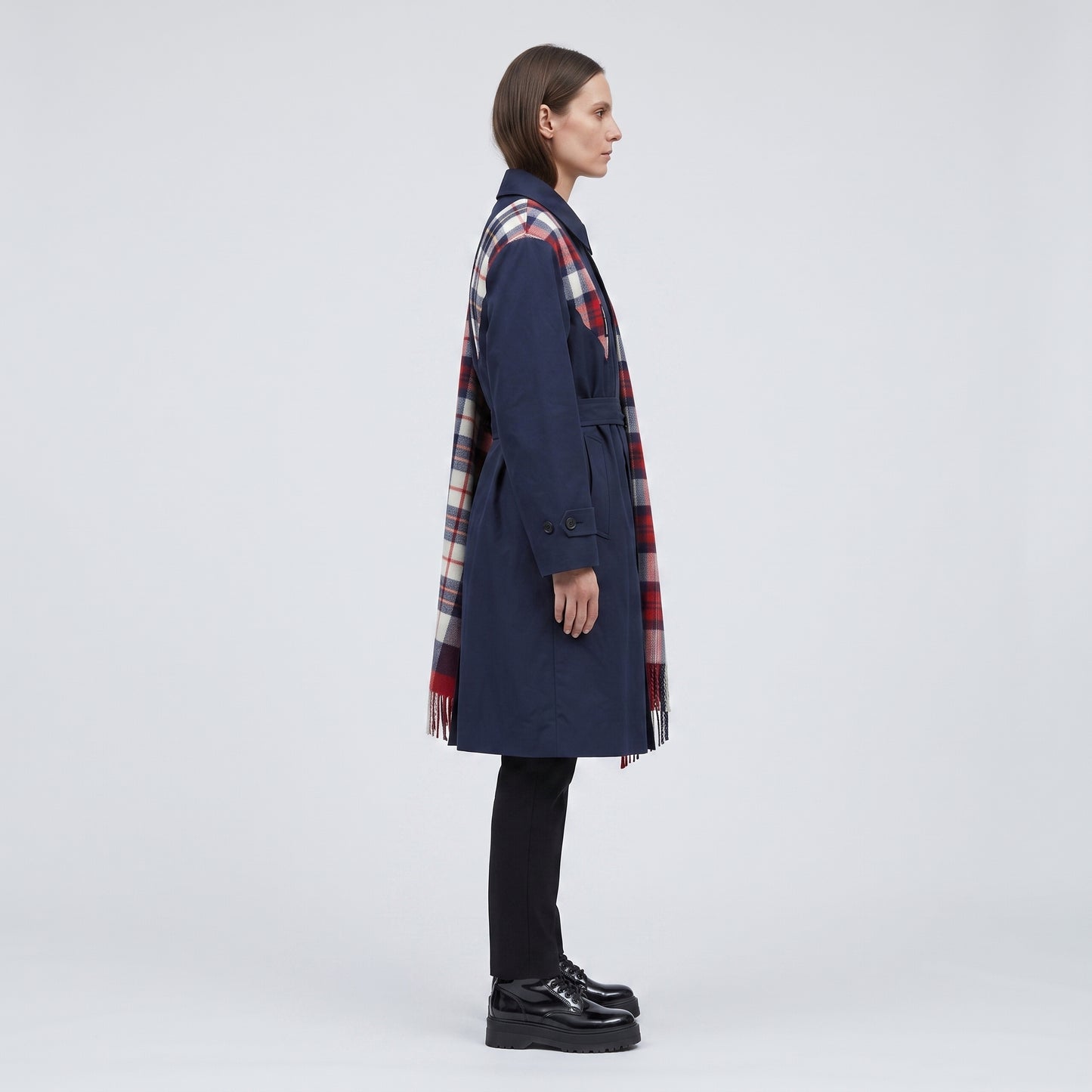 Plaid Accent Navy Trench Coat