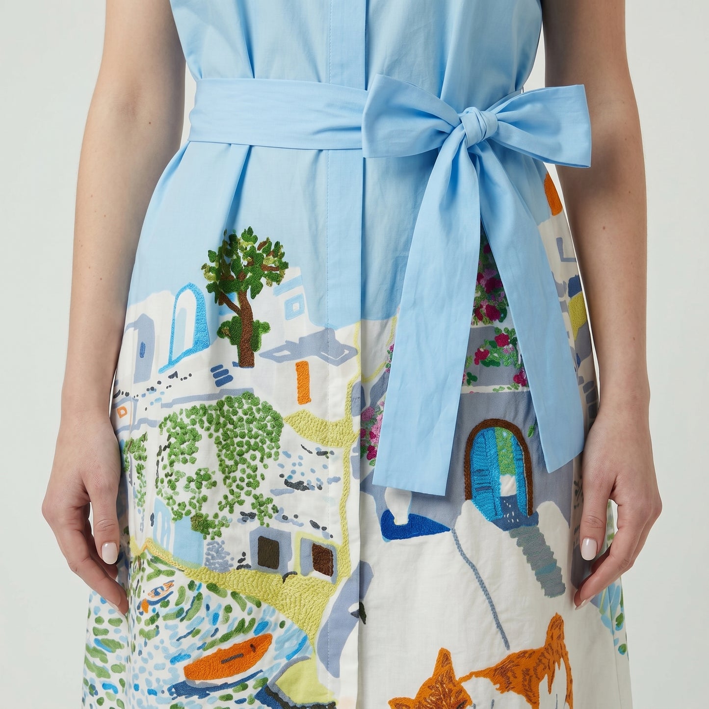 Illustrated Cotton Belted Shirtdress