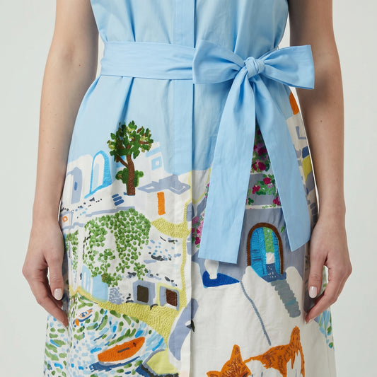 Illustrated Cotton Belted Shirtdress