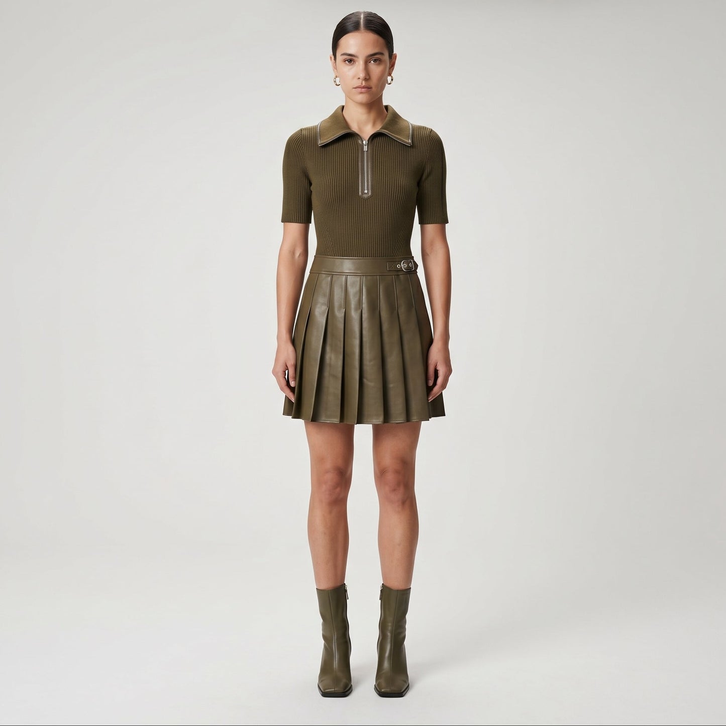 Pleated Ribbed Knit Polo Dress