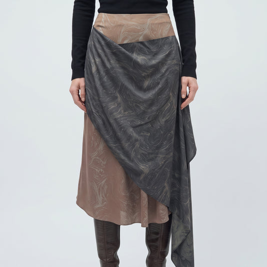 Asymmetric Marble Print Midi Skirt