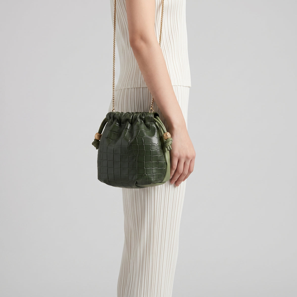 Croc-Embossed Leather Drawstring Bag