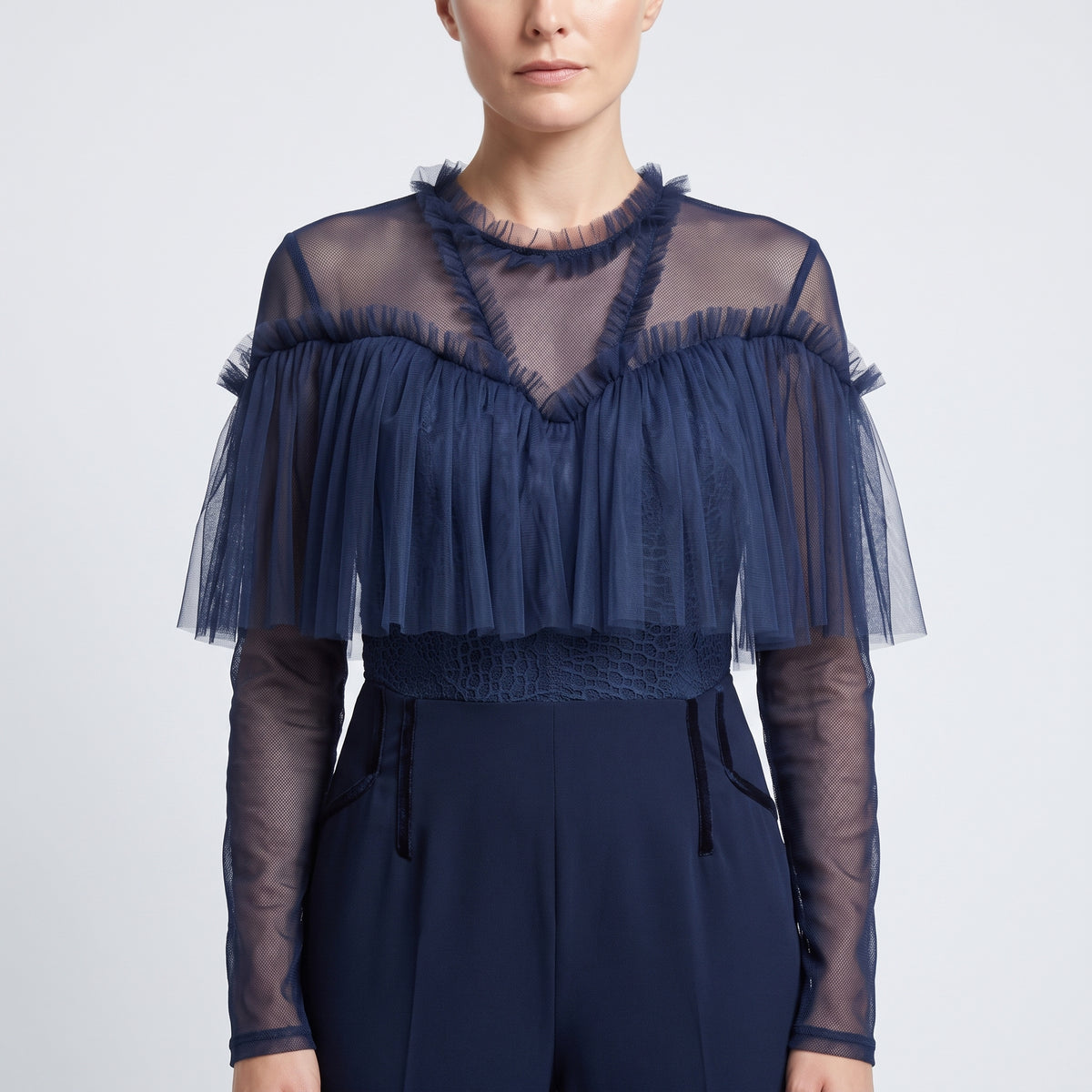Navy Ruffled Tulle Panel Jumpsuit