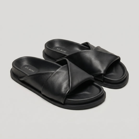 Black Leather Crossover Slide Sandals