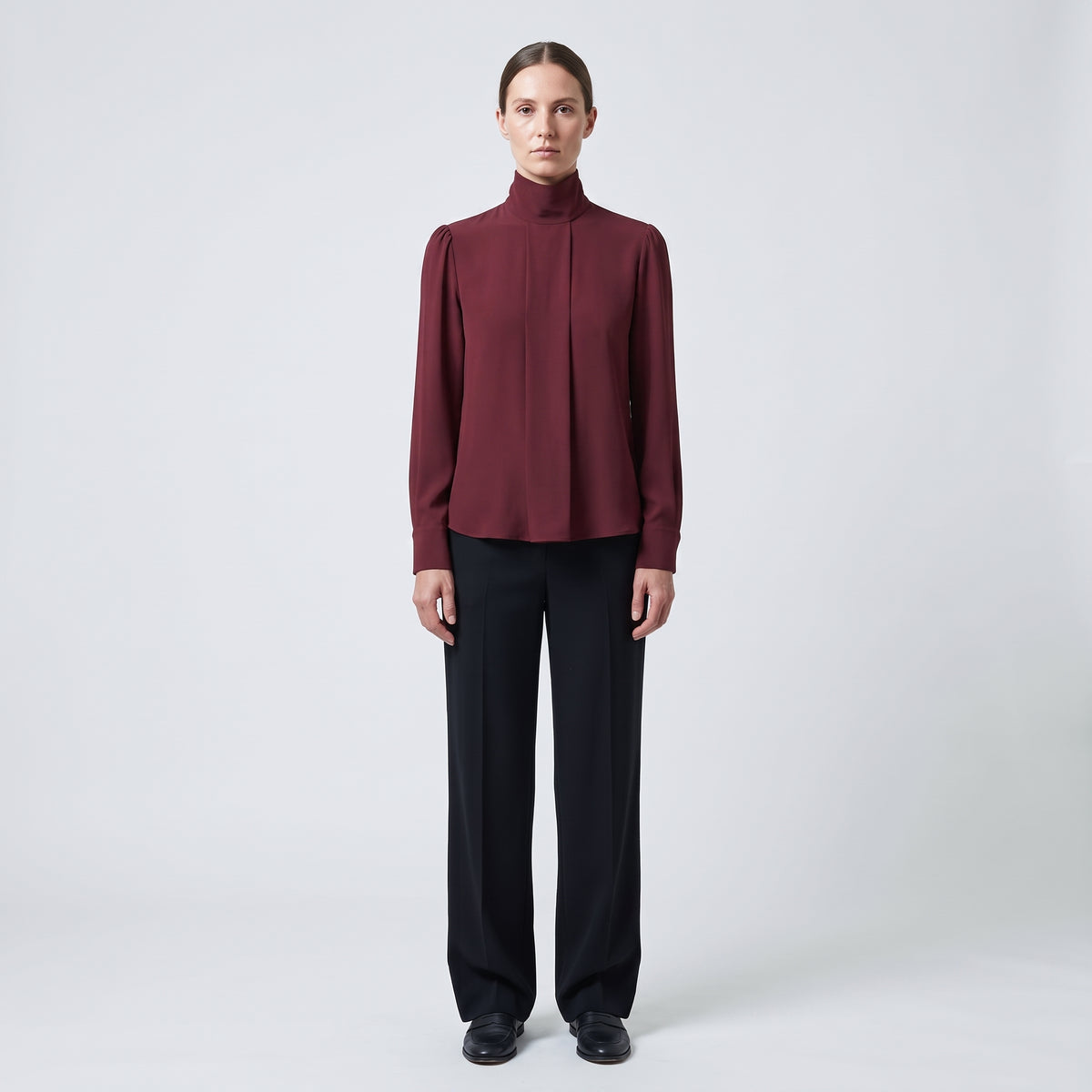 Burgundy High-Neck Pleated Blouse