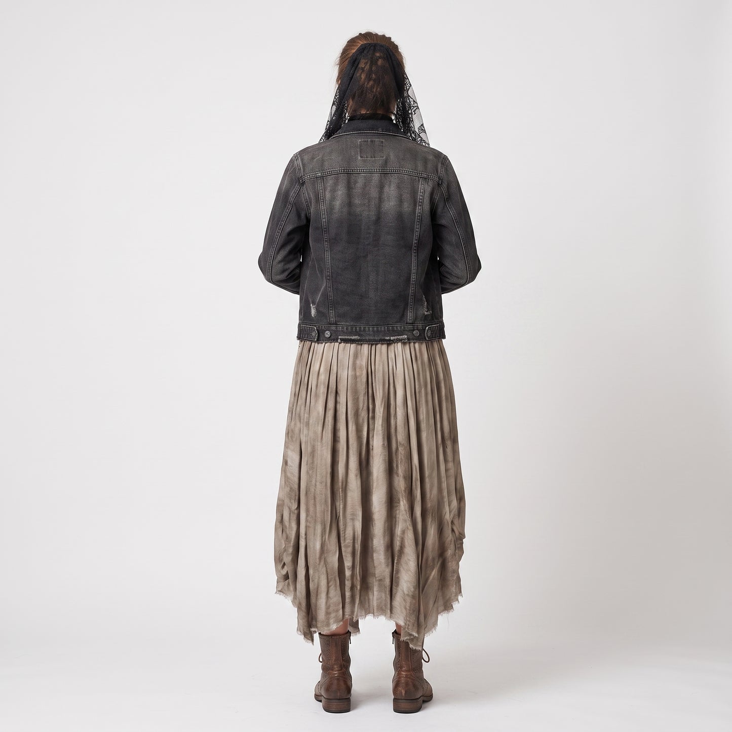 Distressed Pleated Midi Skirt
