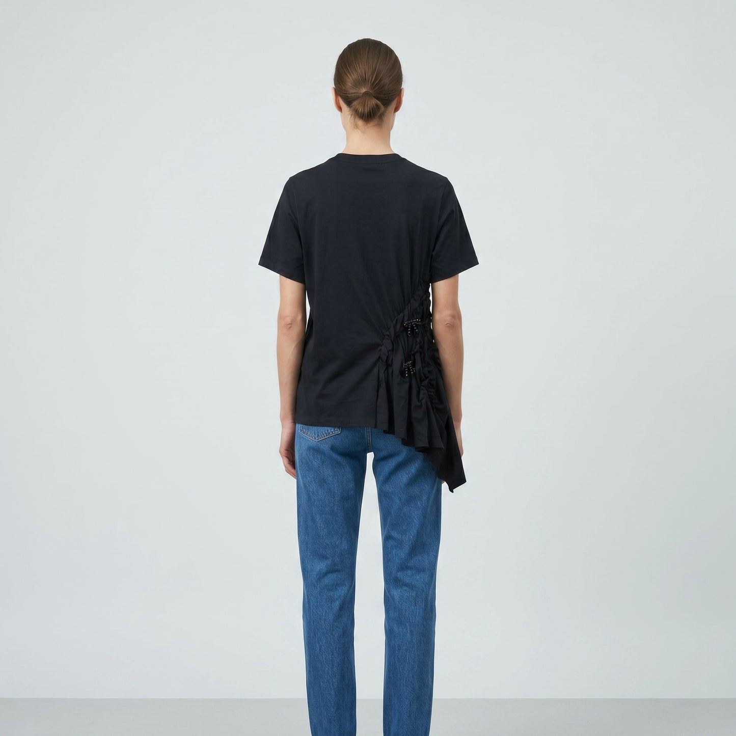 Ruched Bow Embellished Cotton Tee