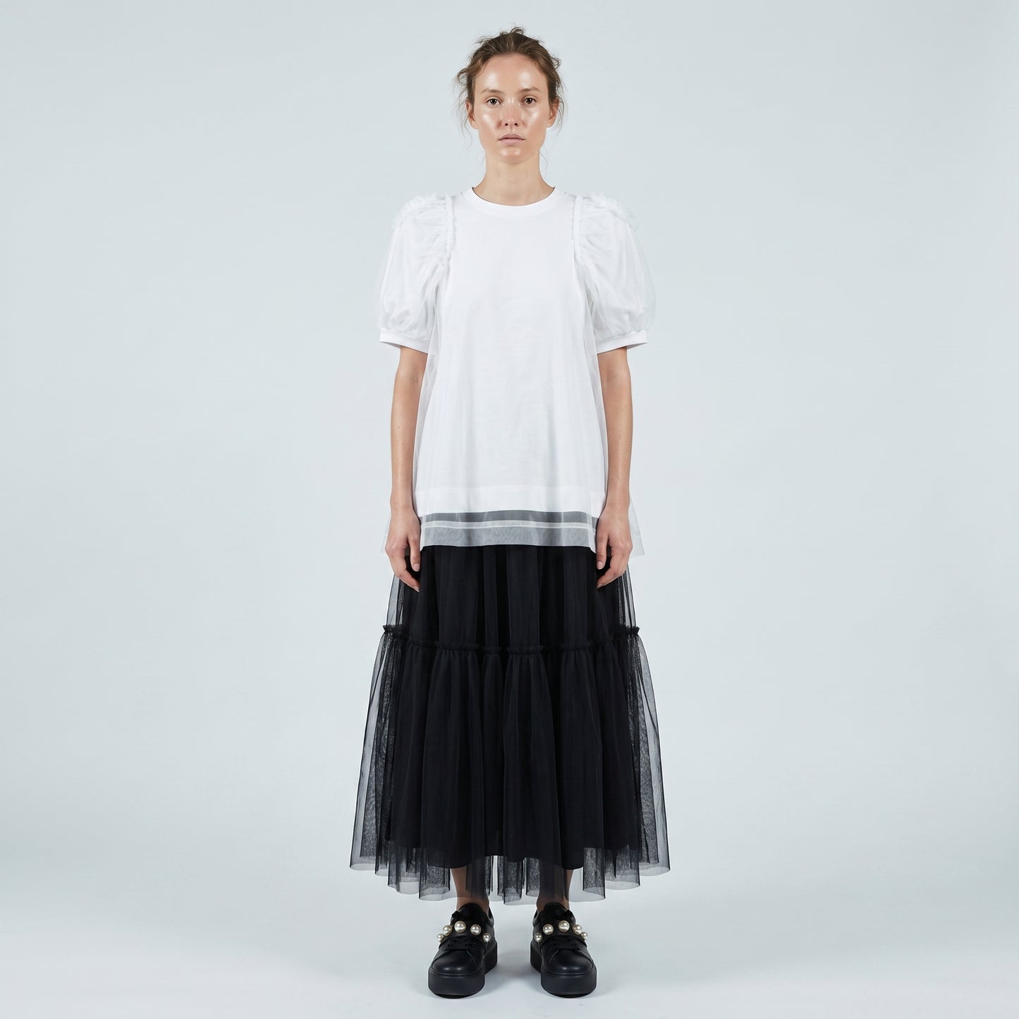 Tulle Overlay Puff Sleeve Top