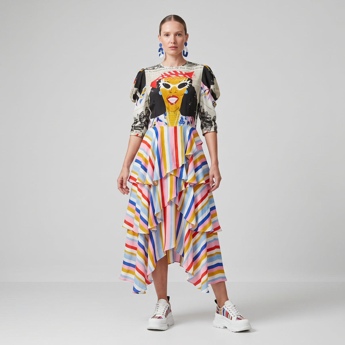 Graphic Print Ruffled Midi Dress