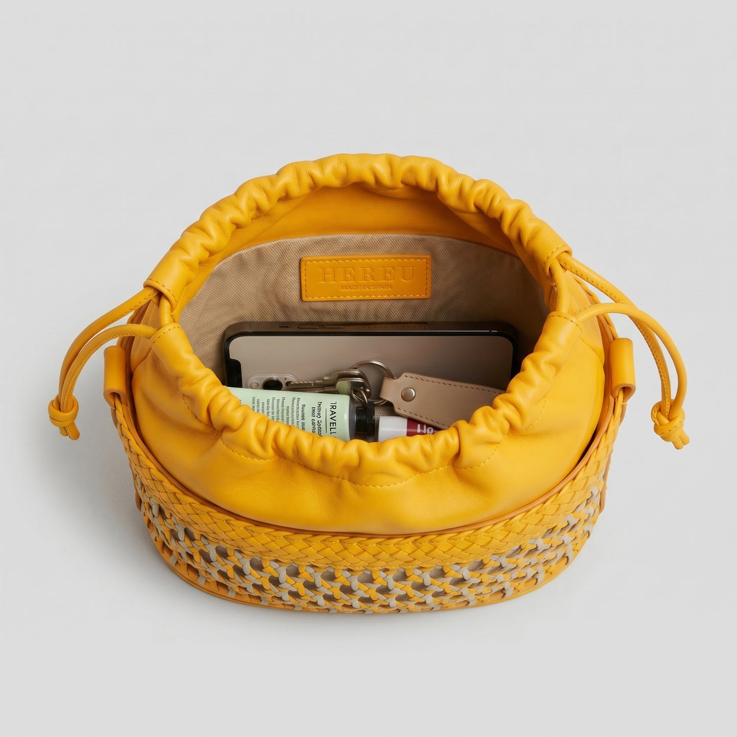 Woven Leather Drawstring Bucket Bag
