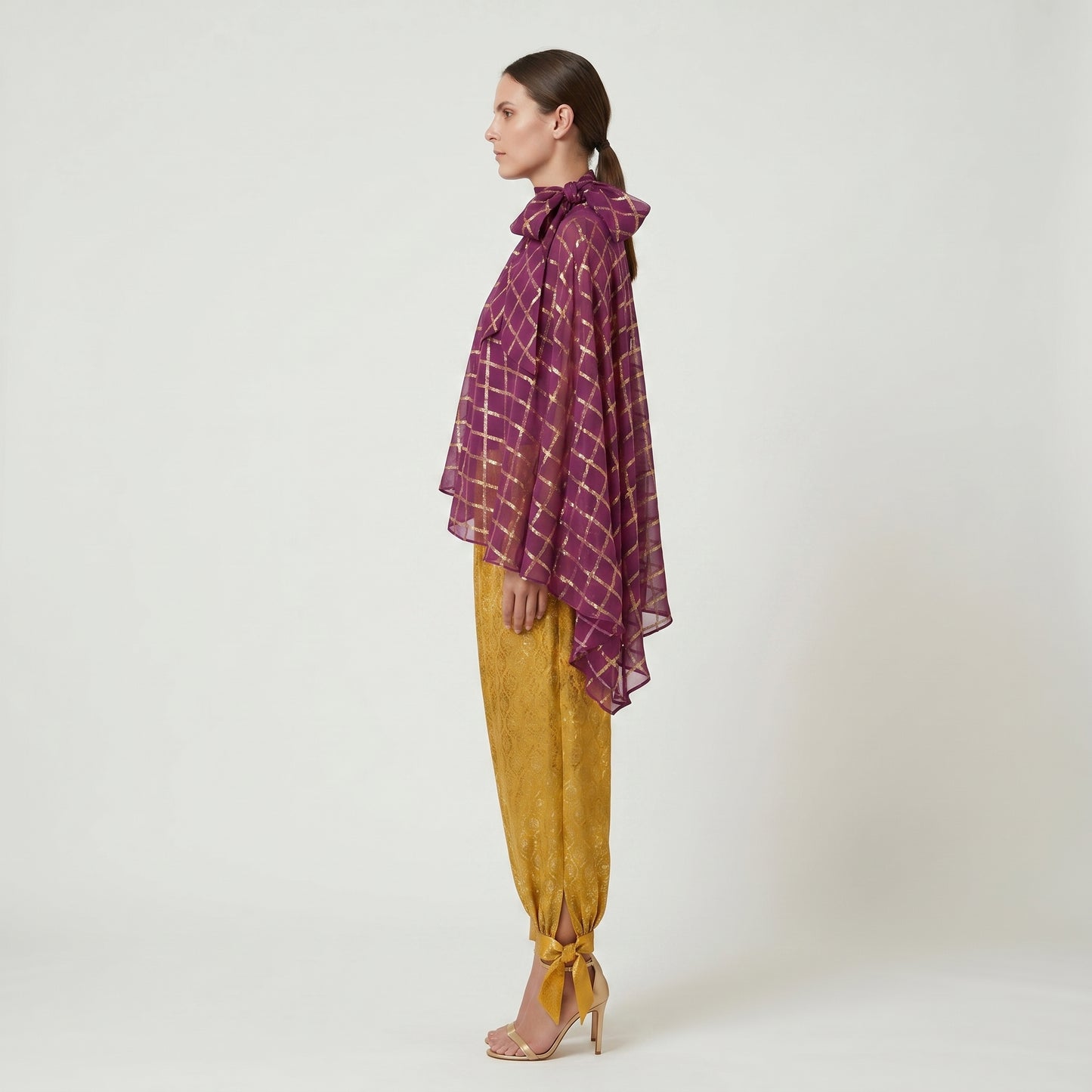 Metallic Grid Tie-Neck Cape