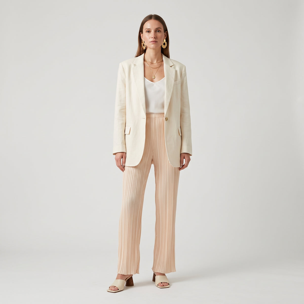 Pleated Wide-Leg Beige Trousers