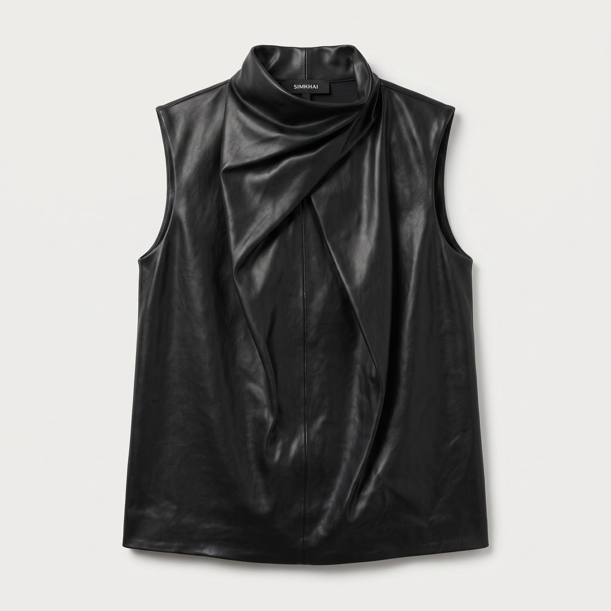 Draped Faux Leather Mockneck Vest