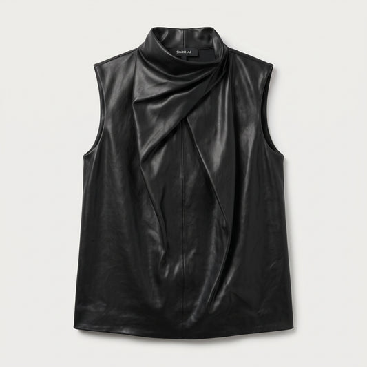 Draped Faux Leather Mockneck Vest