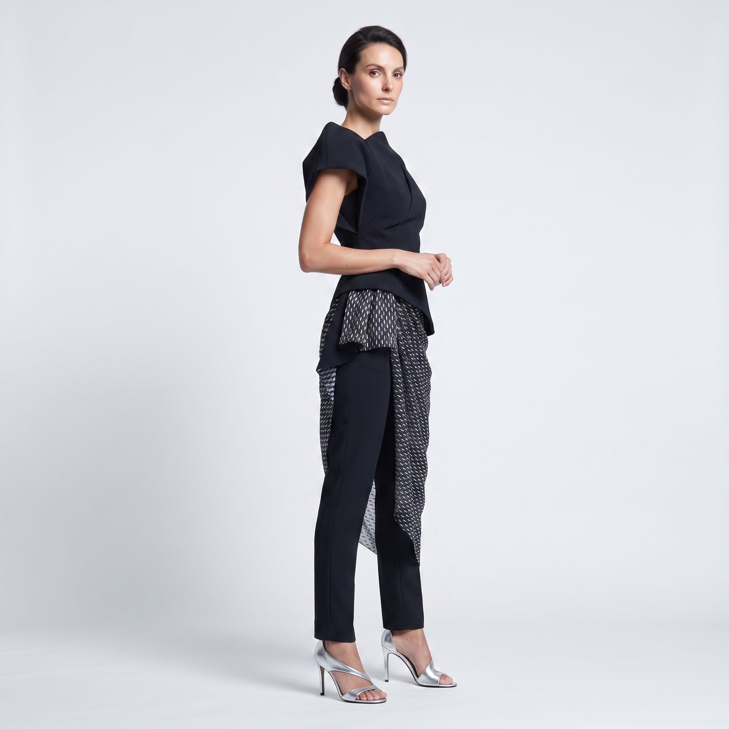 Draped Metallic Overlay Slim Trousers