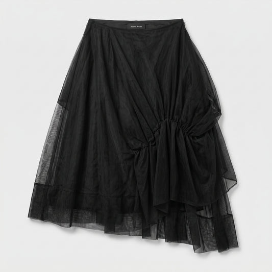 Asymmetric Ruched Tulle Midi Skirt