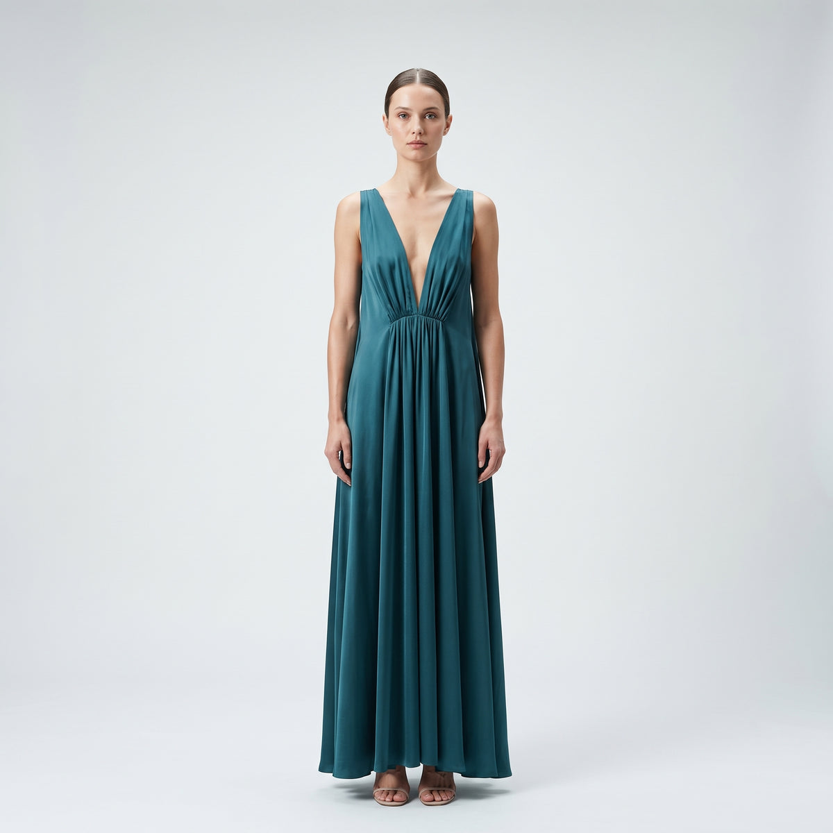 Pleated Satin V-Neck Gown