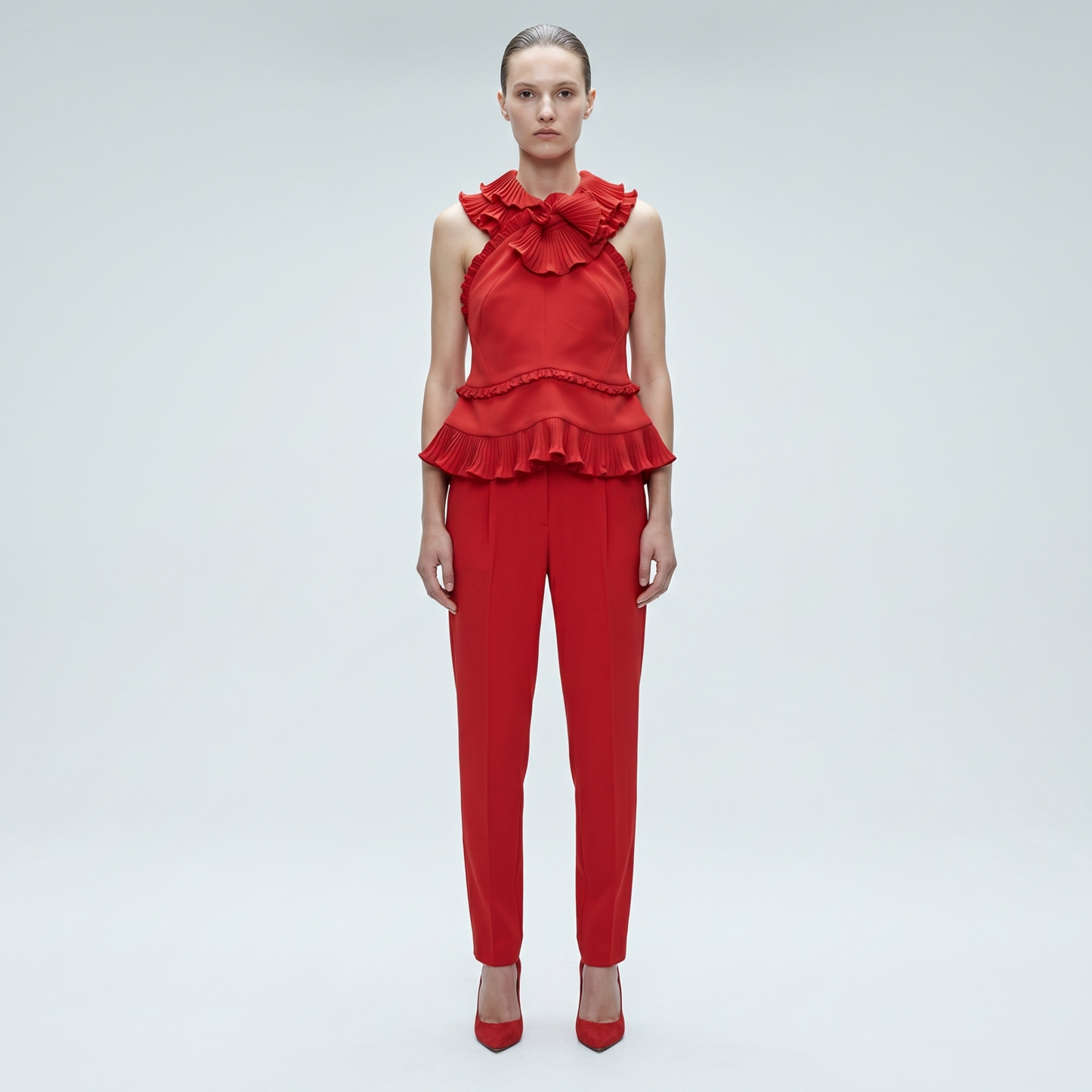 Pleated Ruffle Detail Red Top