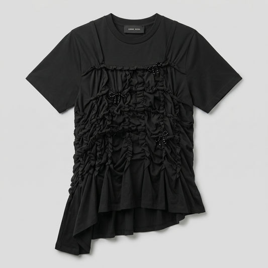 Ruched Bow Embellished Cotton Tee