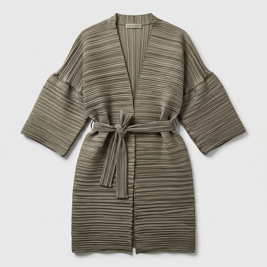 Pleated Olive Tie-Waist Cardigan