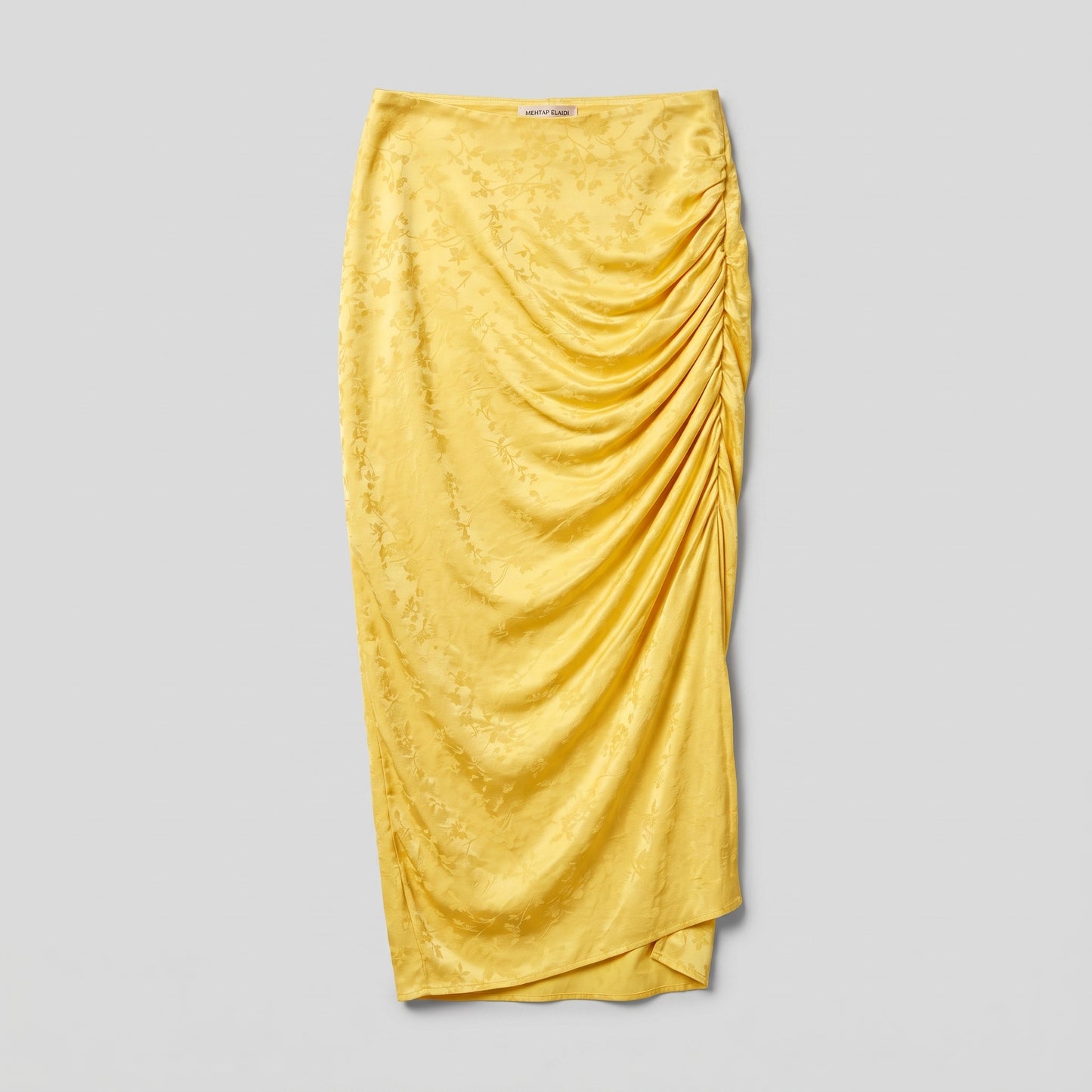 Ruched Floral Satin Midi Skirt