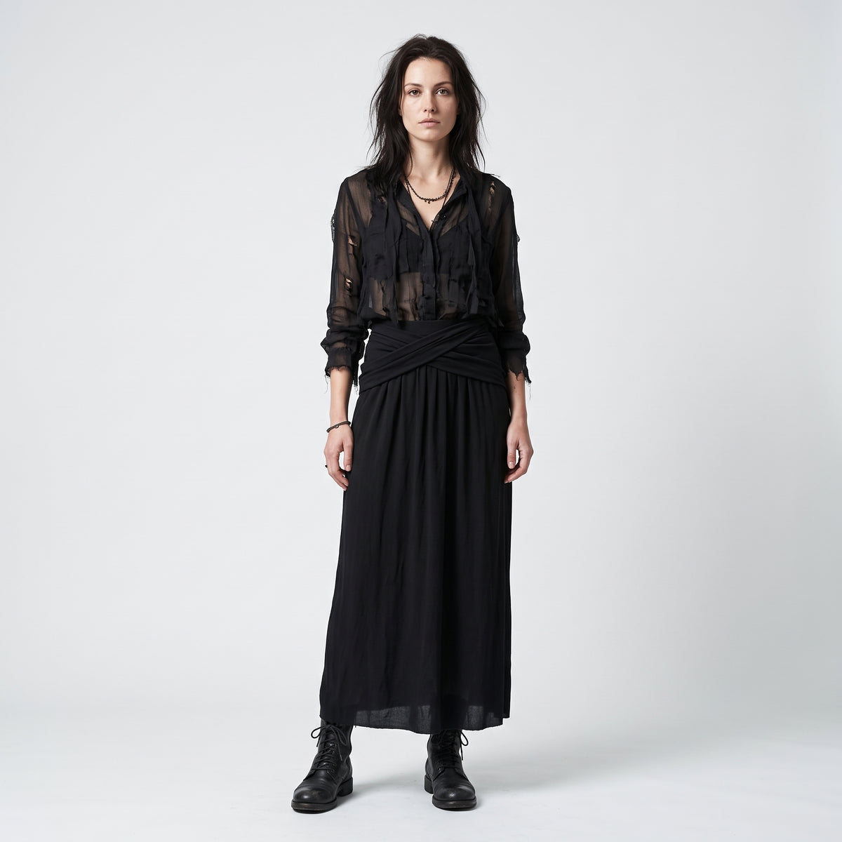 Draped Black Jersey Maxi Skirt