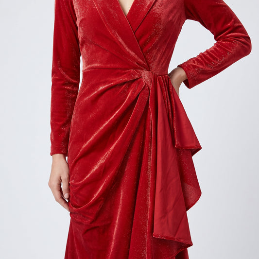 Red Velvet Ruffled Midi Dress