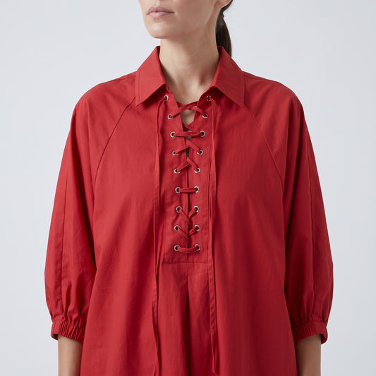 Lace-Up Cotton Poplin Dress