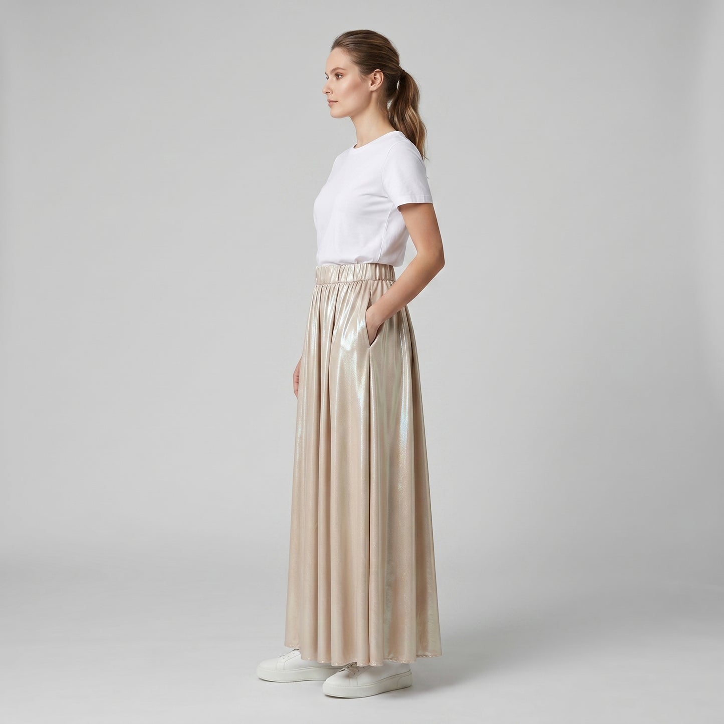 Metallic Pleated Midi Skirt