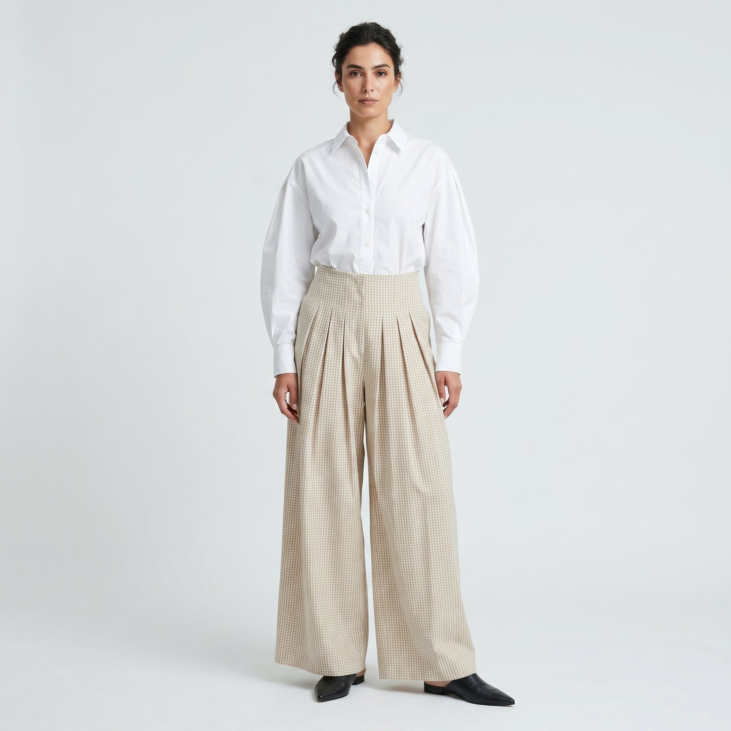 Gingham Pleated Wide Leg Trousers