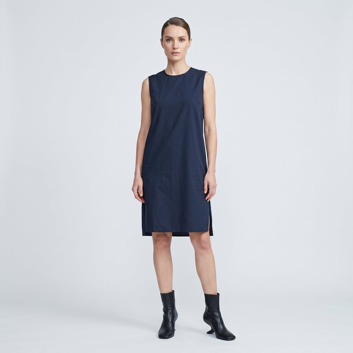 Sleeveless Navy Cotton Shift Dress