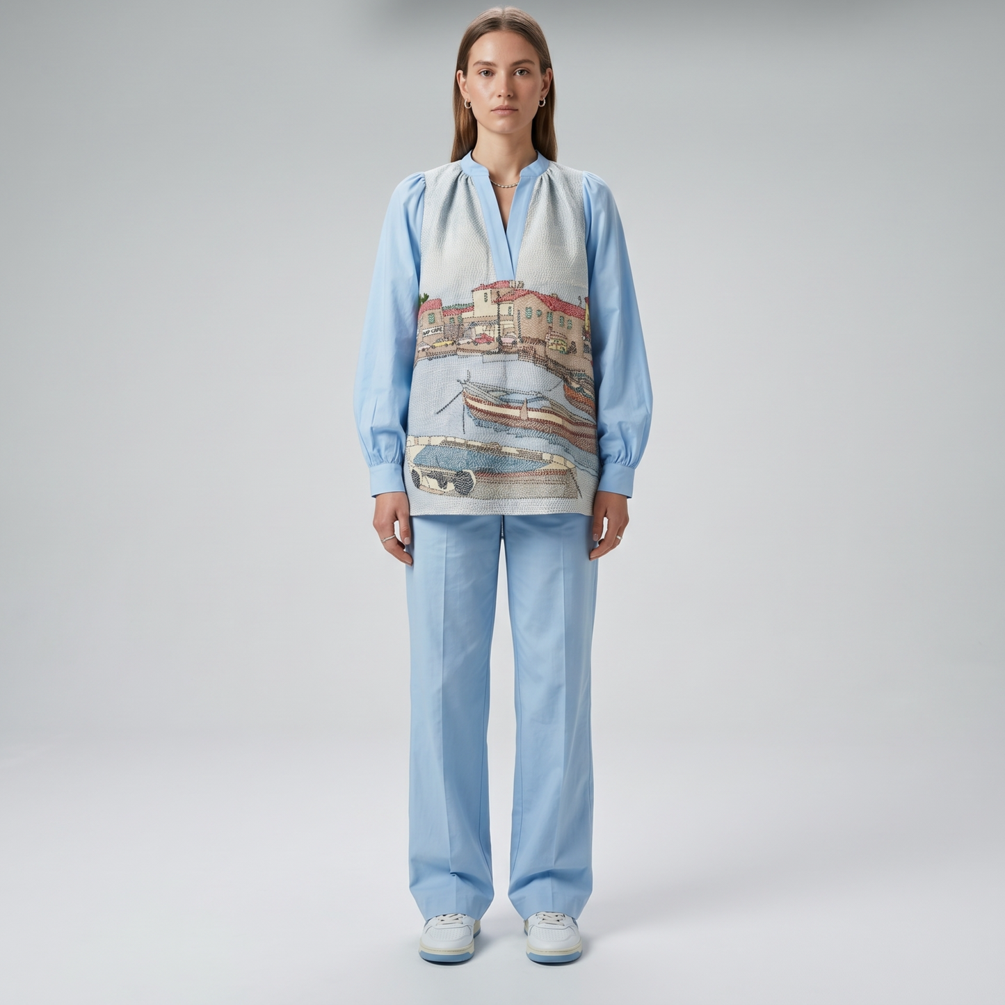 Embroidered Coastal Scene Blouse